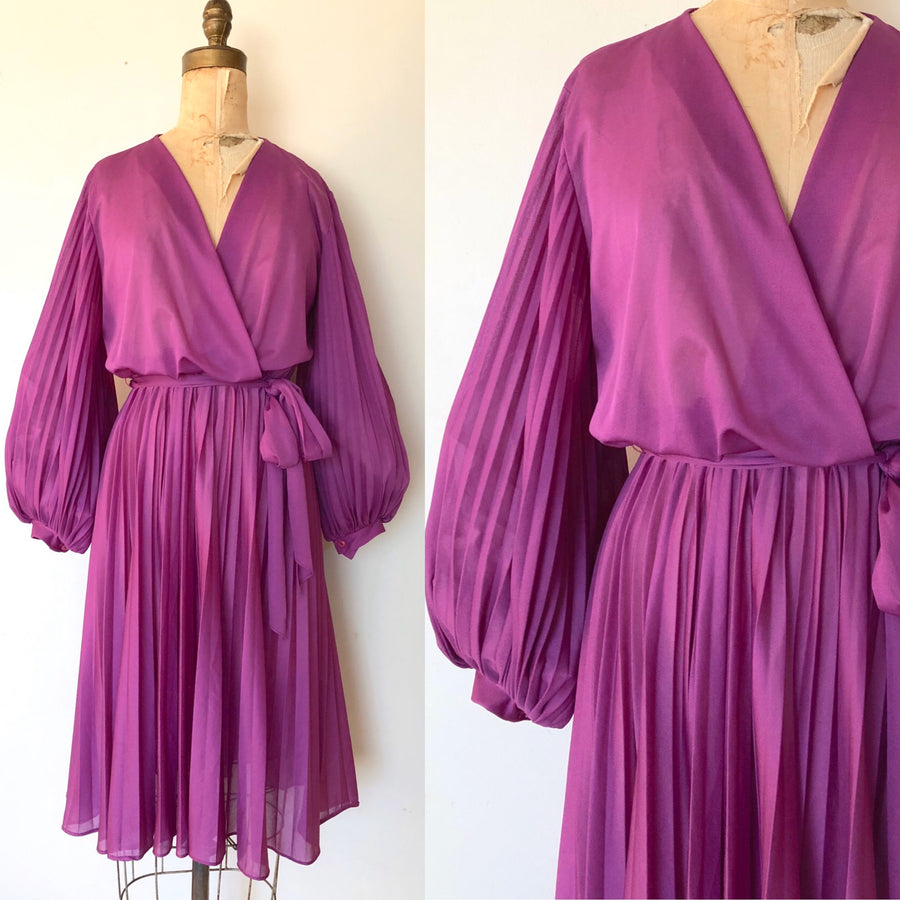 1970's Purple Ballon Sleeve Dress - Size M