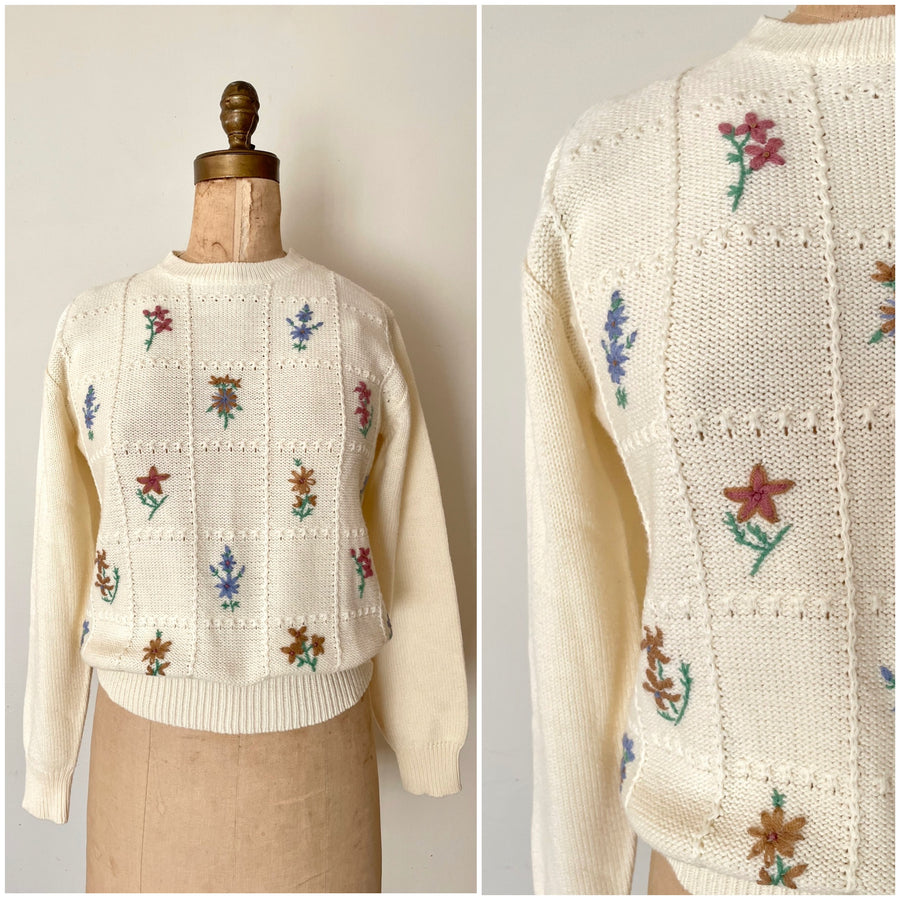 80's Cream Knit Floral Sweater - Size M