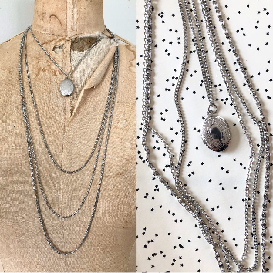 Silver Layered Chain & Locket Necklace