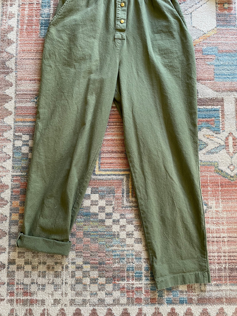 80's Olive Green Studded Cotton Jumpsuit - Size M