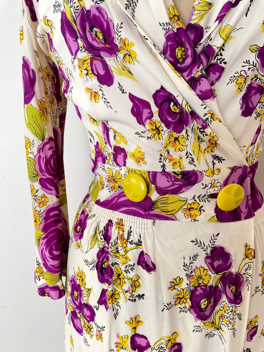 1940's Floral Rayon Jersey Maxi Dress - Size S/M