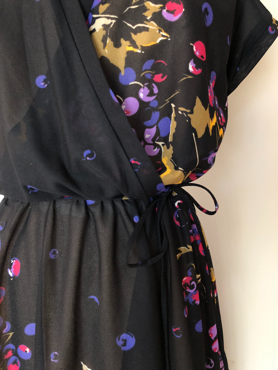 1970's Grape Print Black Dress - Size M