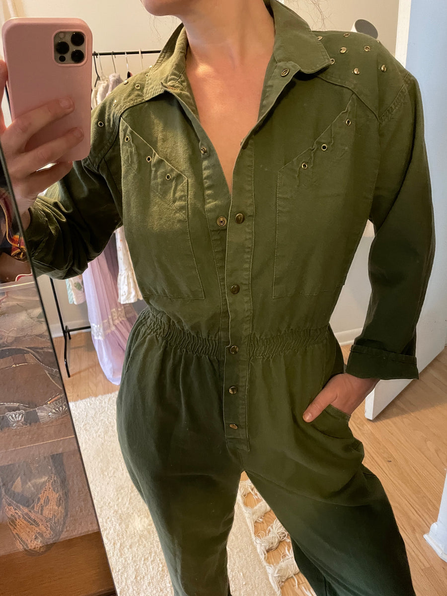80's Olive Green Studded Cotton Jumpsuit - Size M