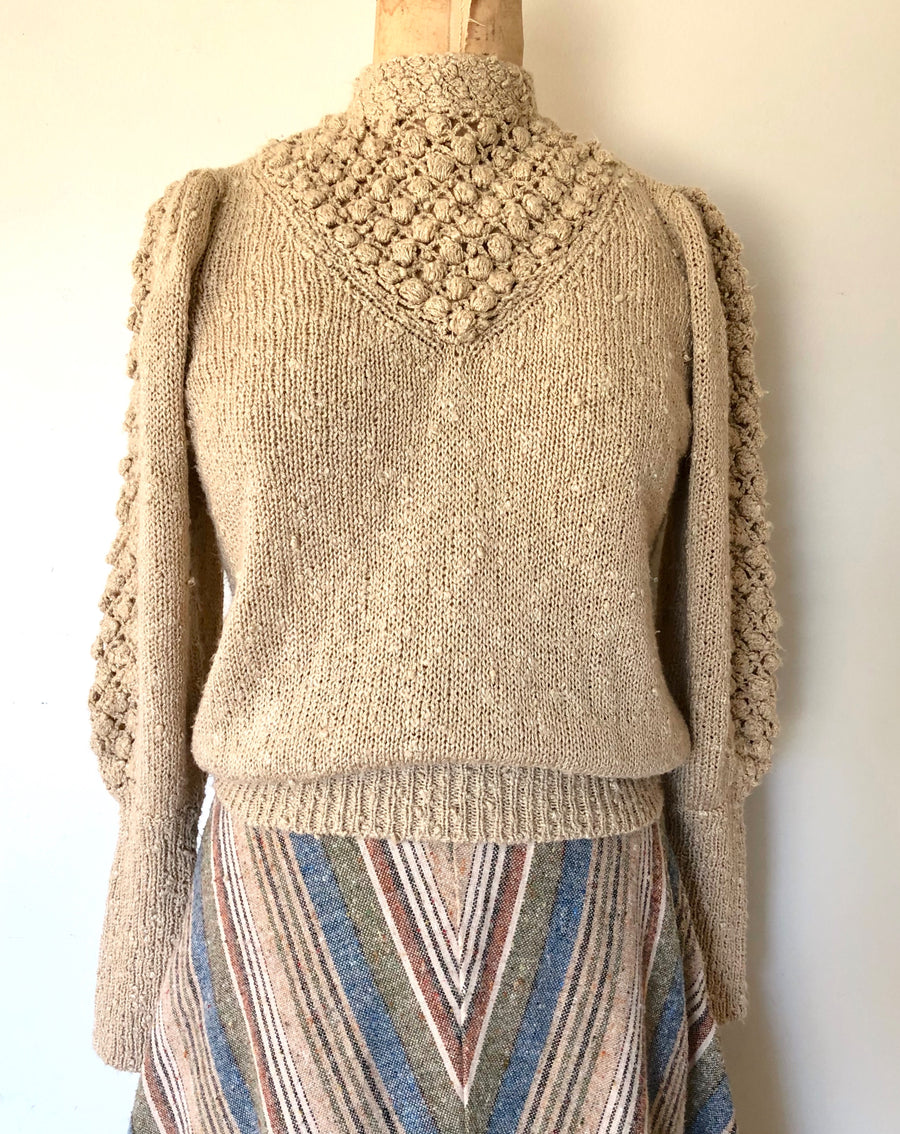 80's Tan Puff Shoulder Knit Sweater - Size S/M