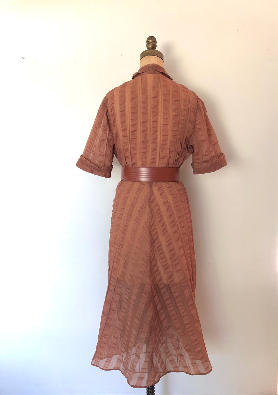 1950's Sheer Brown Striped Dress - Size L/XL