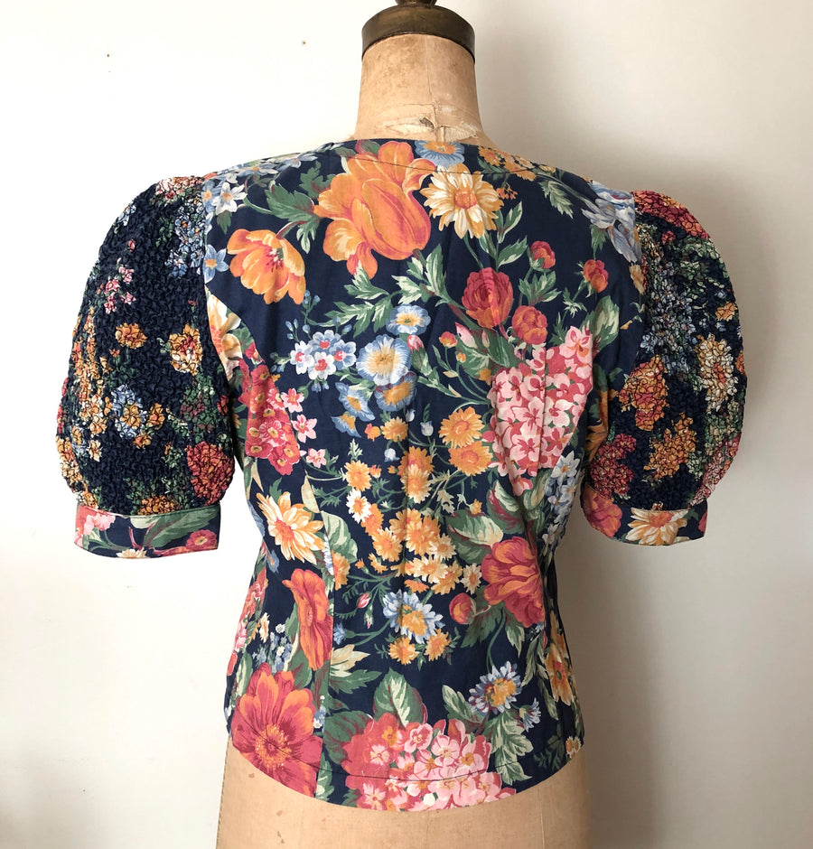 1980's Floral Puff Sleeve Blouse - Size M