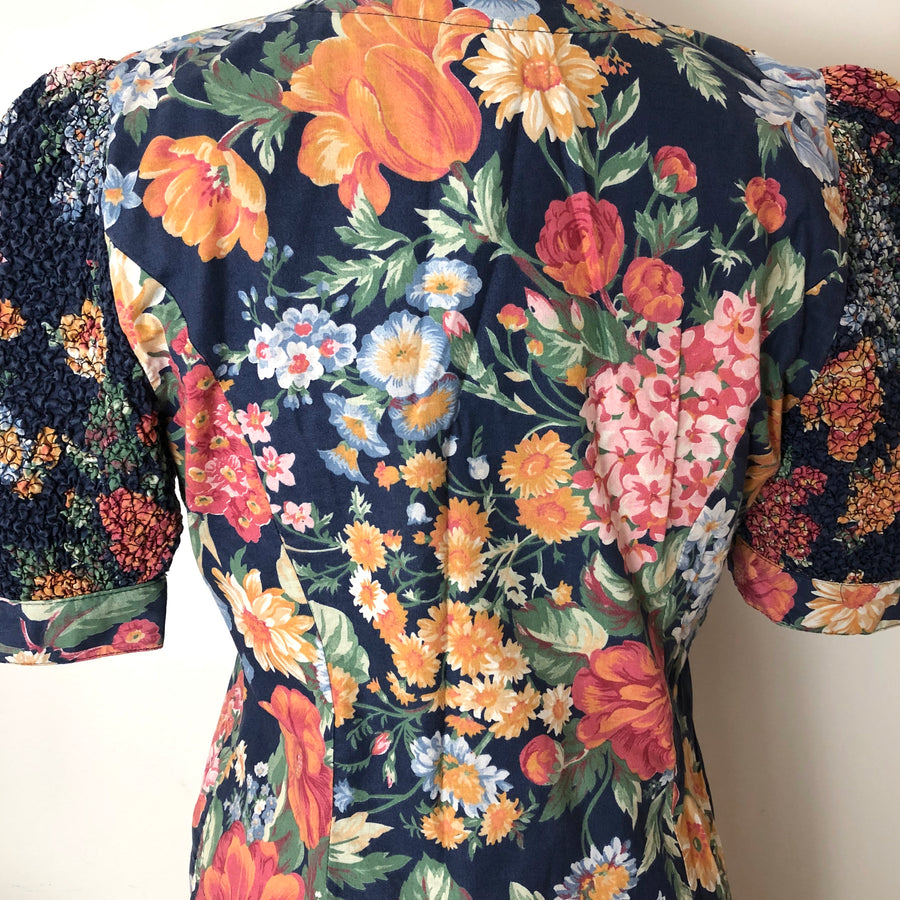 1980's Floral Puff Sleeve Blouse - Size M