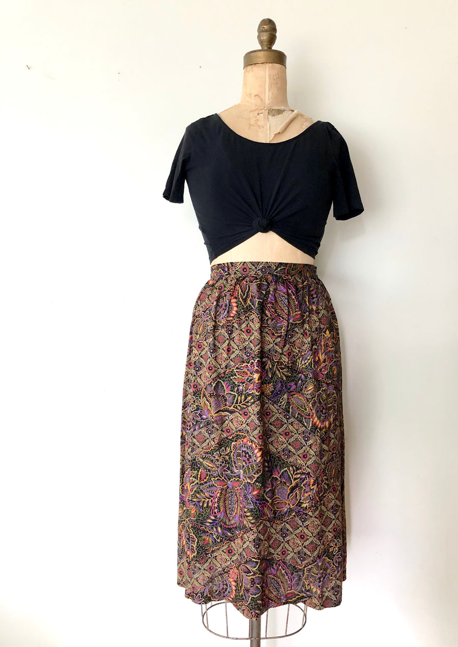 Vintage Black Floral Rayon Skirt - Size M/L