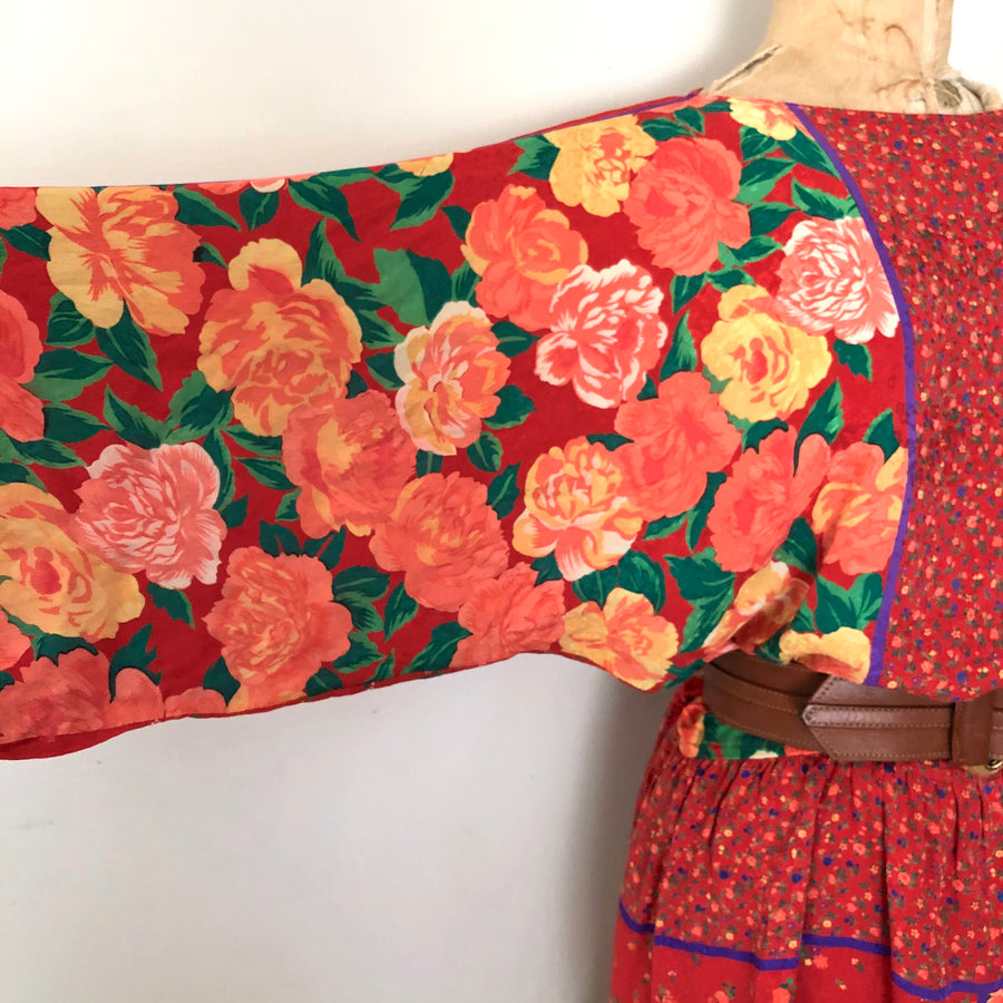1980's Silk Rose Print Dress - Size L/XL