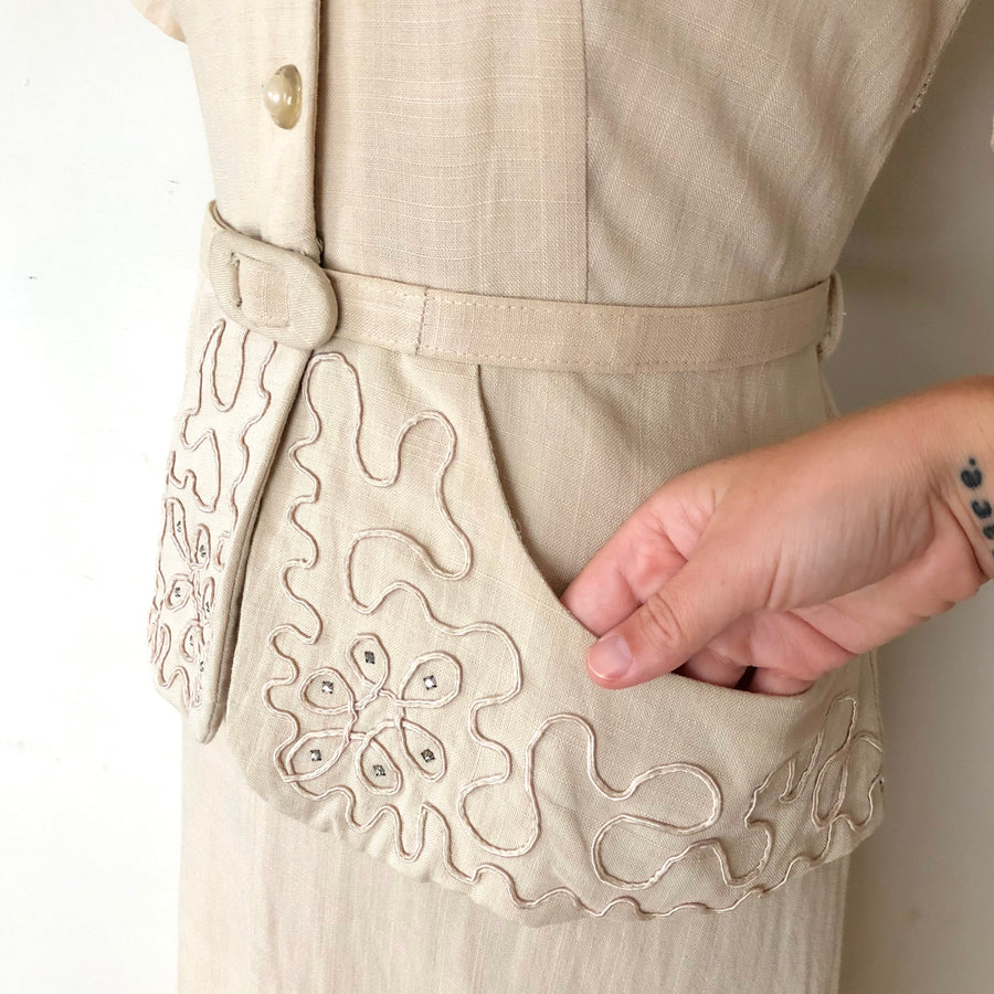 40's 50's Tan Linen Peplum Dress - Size Large