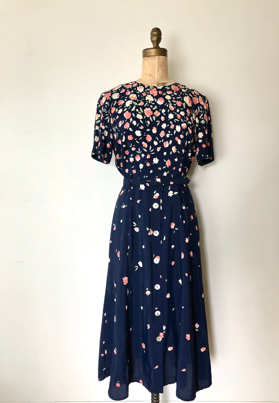 1980's does 1940's Blue Floral Dress - Size Large