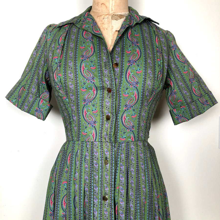 1950's Green Paisley Print Cotton Dress - Size Small