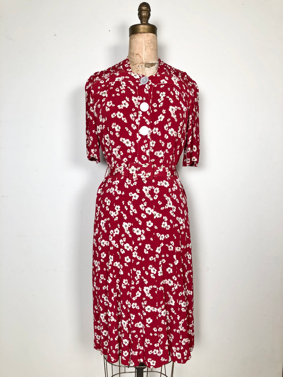 1940's Red Floral Rayon Dress - Size Large