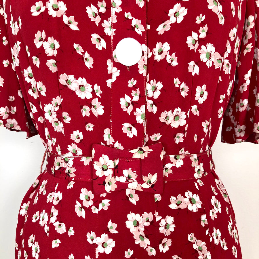 1940's Red Floral Rayon Dress - Size Large