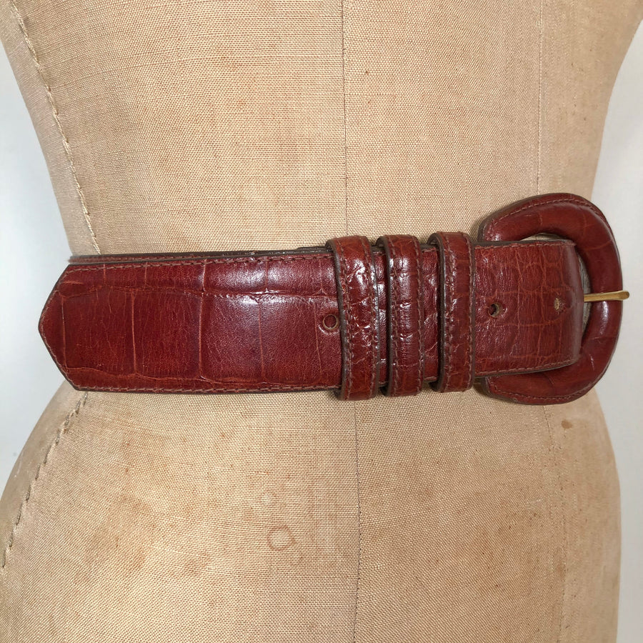 Vintage Brown Alligator Leather Belt - 28
