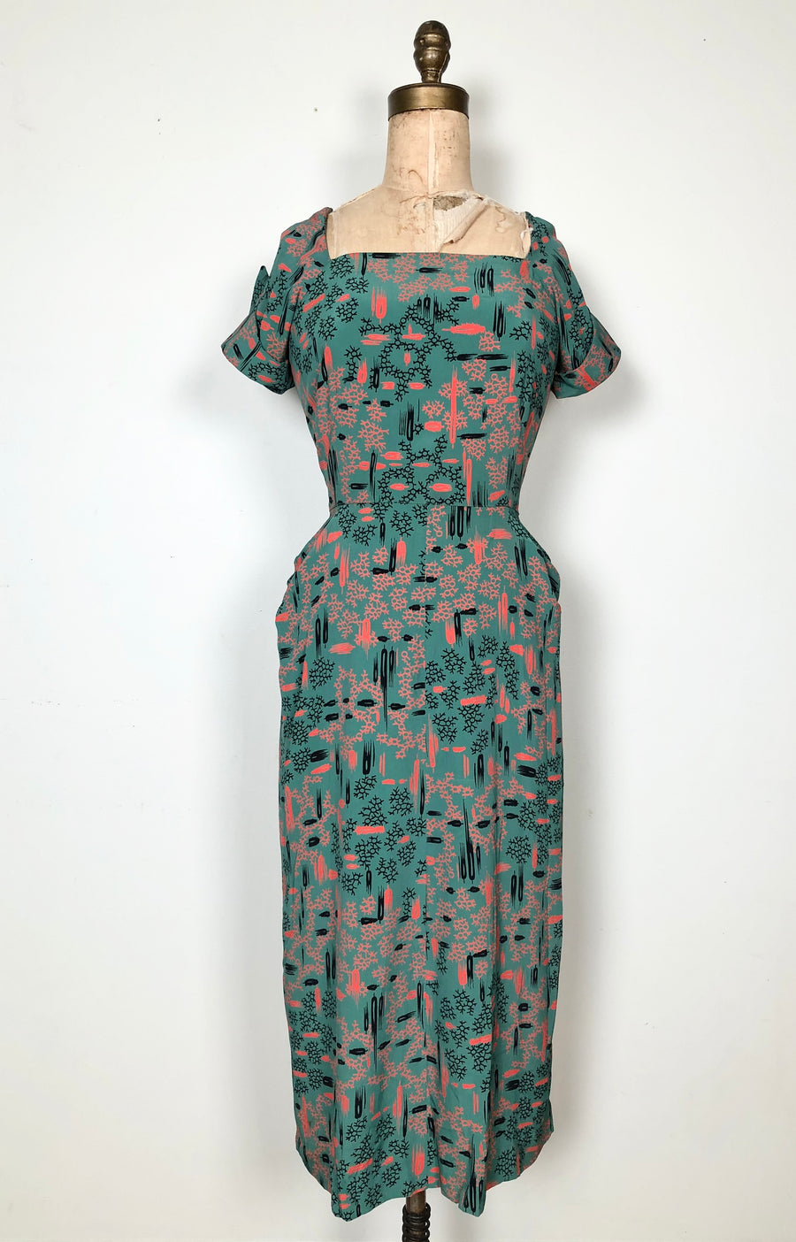 1940's Cold Rayon Printed Green Dress - Size S/M