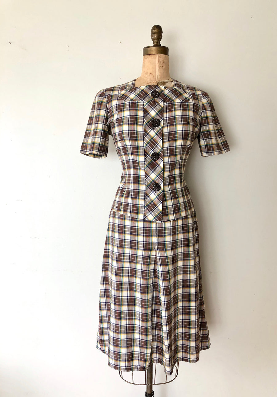 1940's Cotton Plaid Skirt Set - Size M