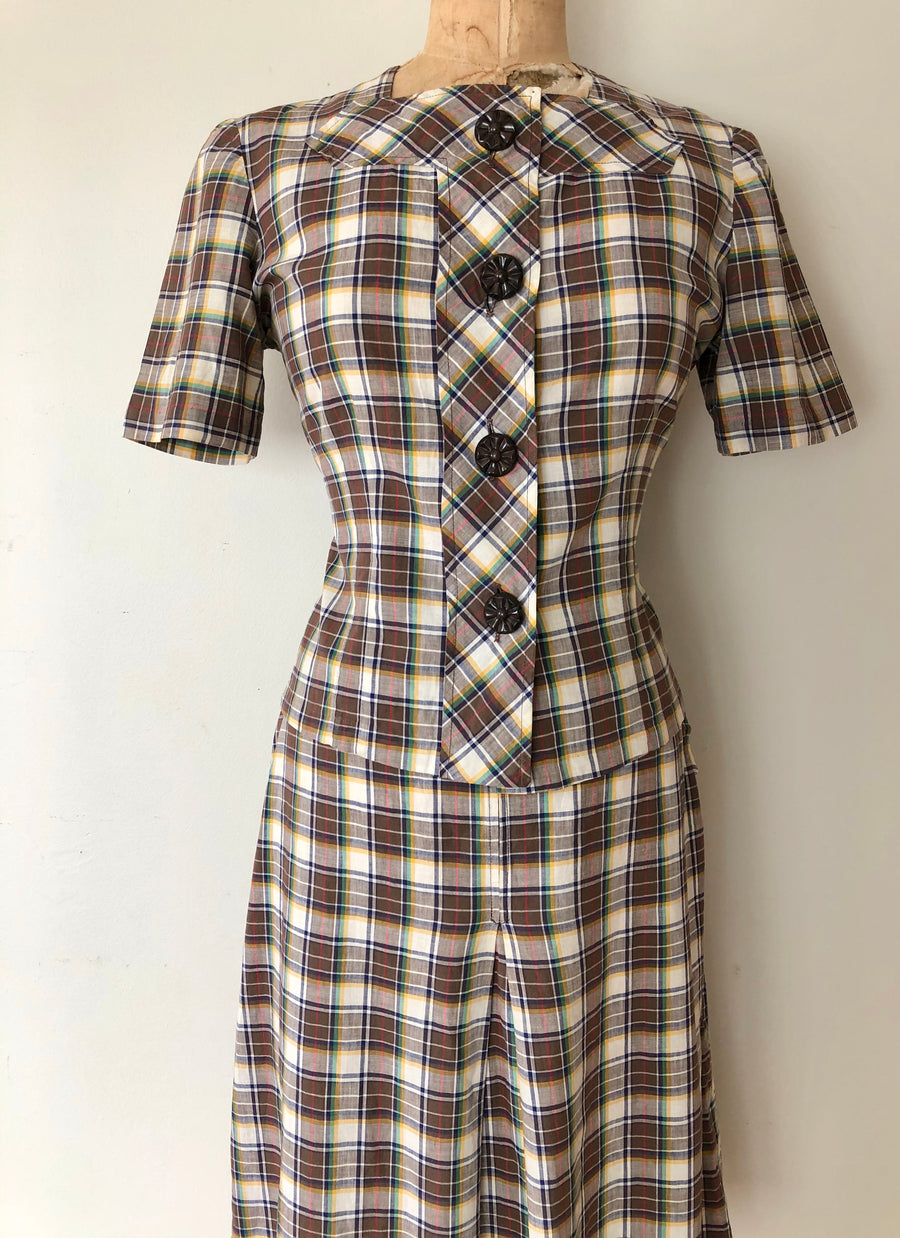 1940's Cotton Plaid Skirt Set - Size M