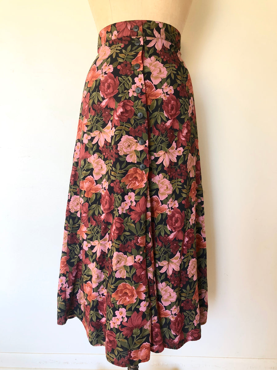 90's Dark Floral Midi Skirt - Waist 37-42
