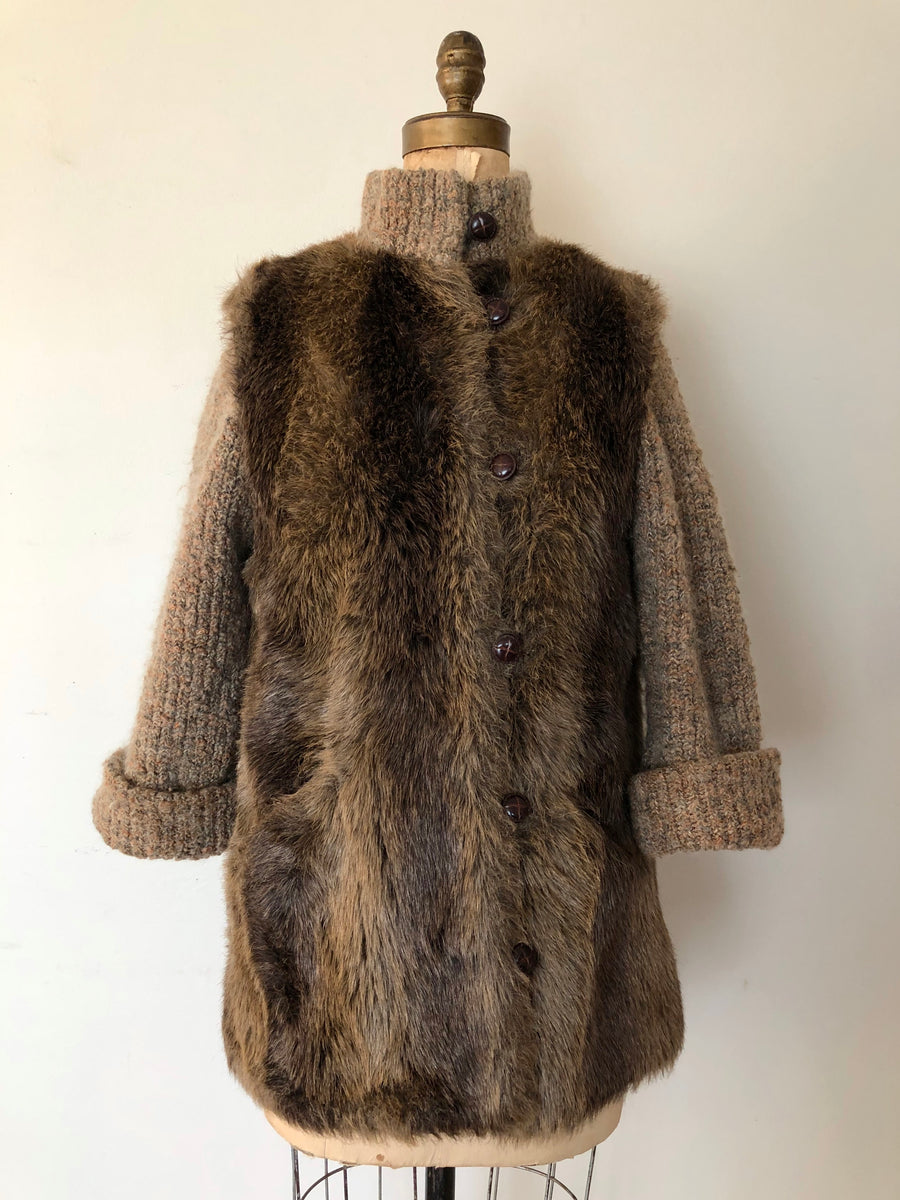 80's Faux Fur & Wool Knit Coat - Size M