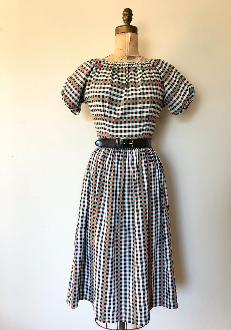 1940's/50's Gingham Checked Dress - Size M - AS IS
