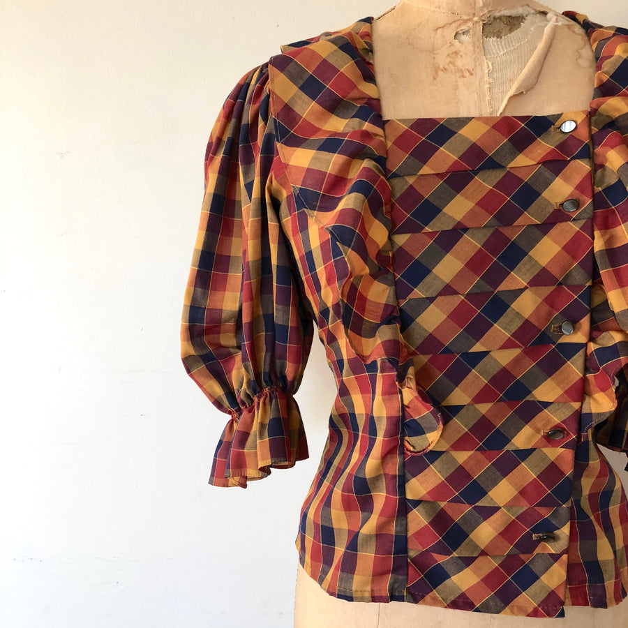 80's Puff Sleeve Plaid Blouse - Size M