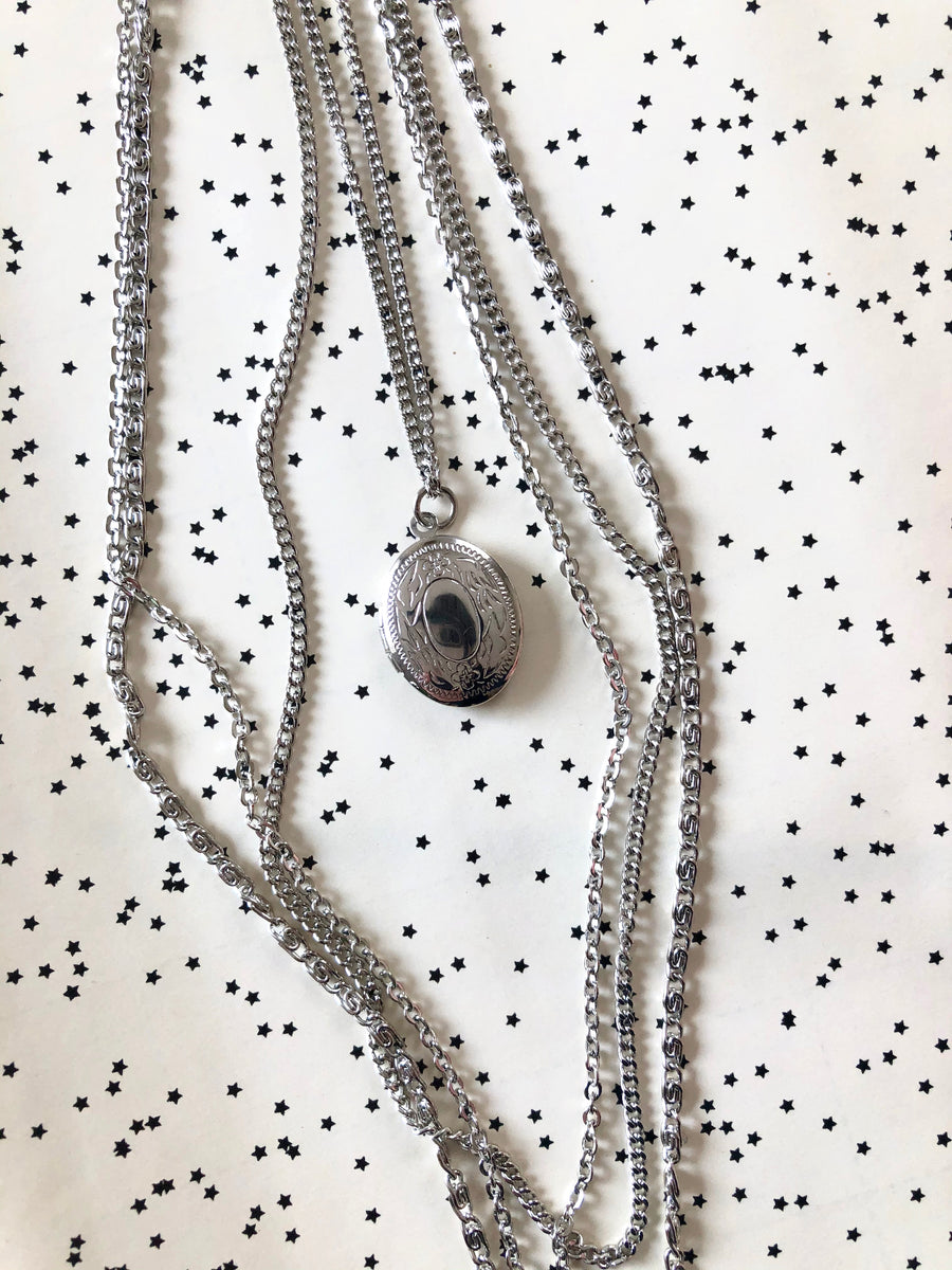Silver Layered Chain & Locket Necklace