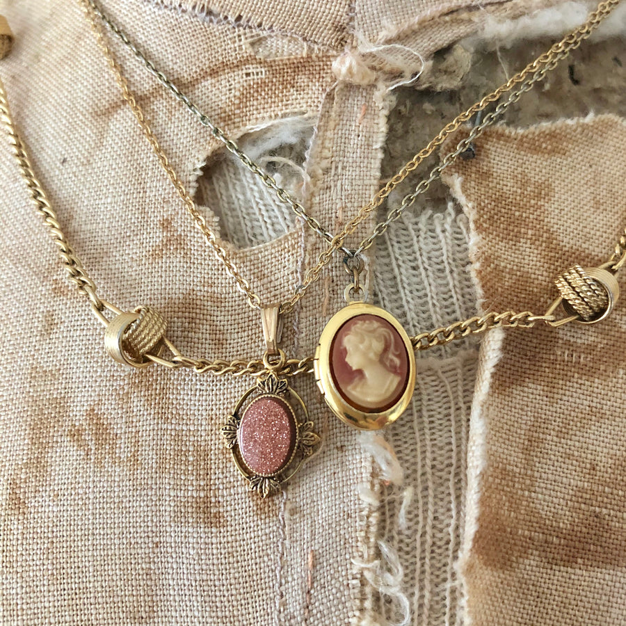 Gold Tone Layered Trio of Necklaces - Cameo Locket