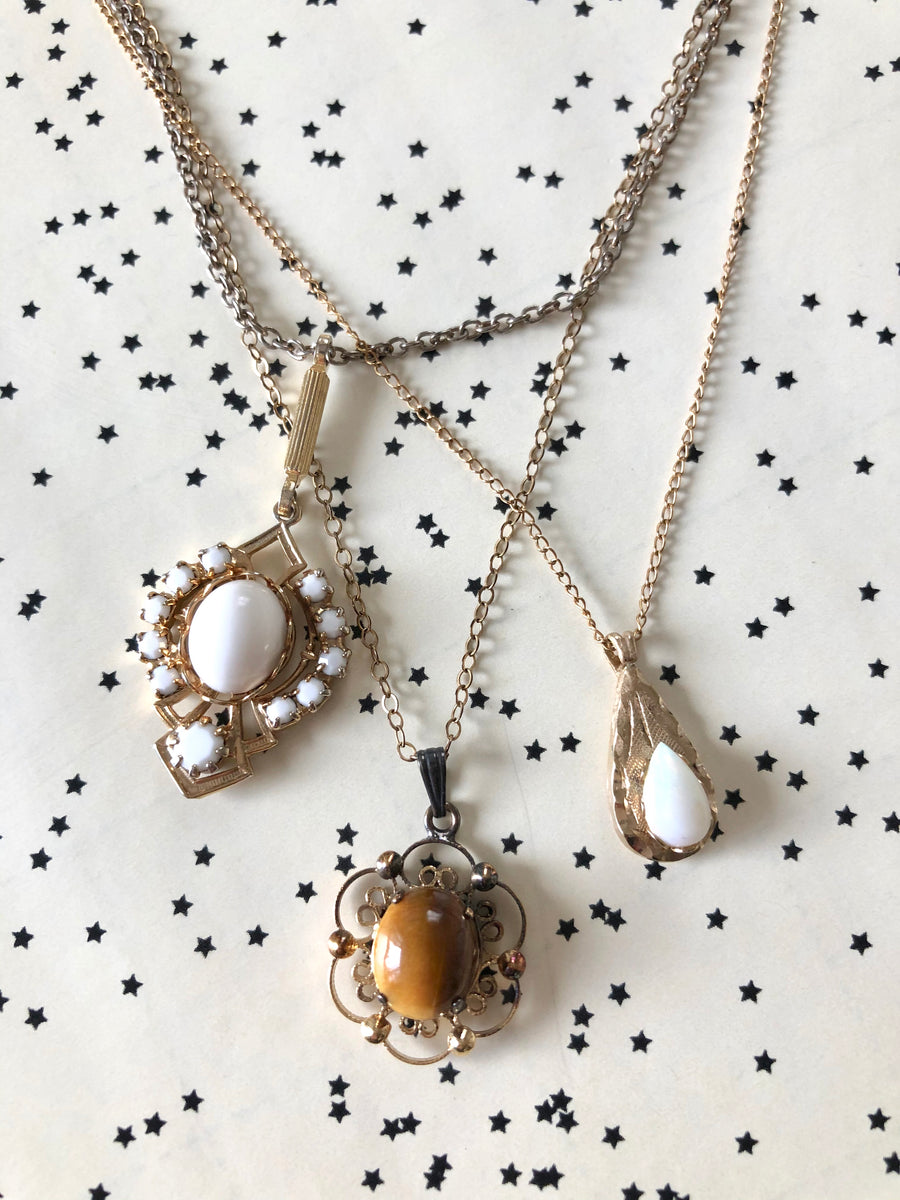 Gold Tone Trio of Layered Necklace - Tigers Eye & Faux Opal