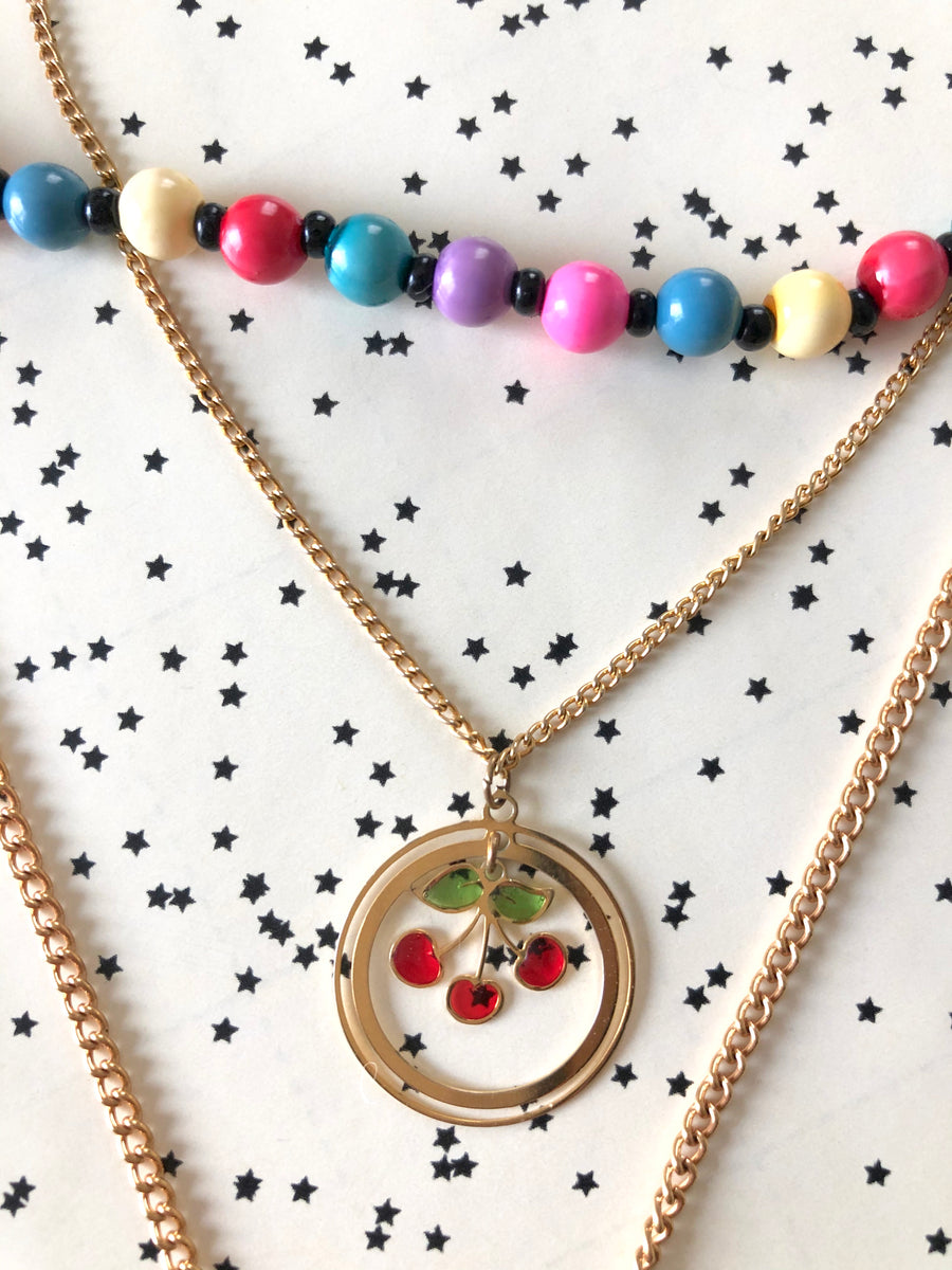 Trio of Layered Necklaces - Beaded Choker & Cherries