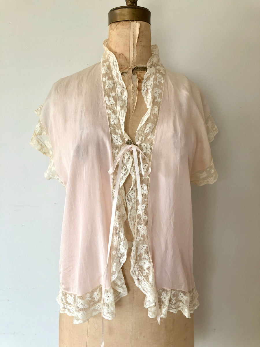 1930's Pale Pink Silk Bed Jacket - Size S/M/L