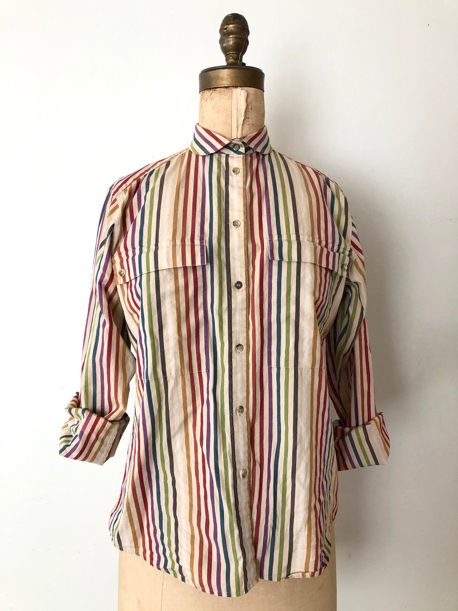 Rainbow Striped Cotton Blouse - Size M