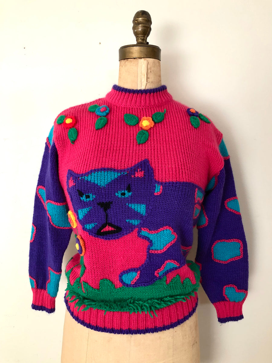 Vintage Knit Cat Sweater - Size XS/S