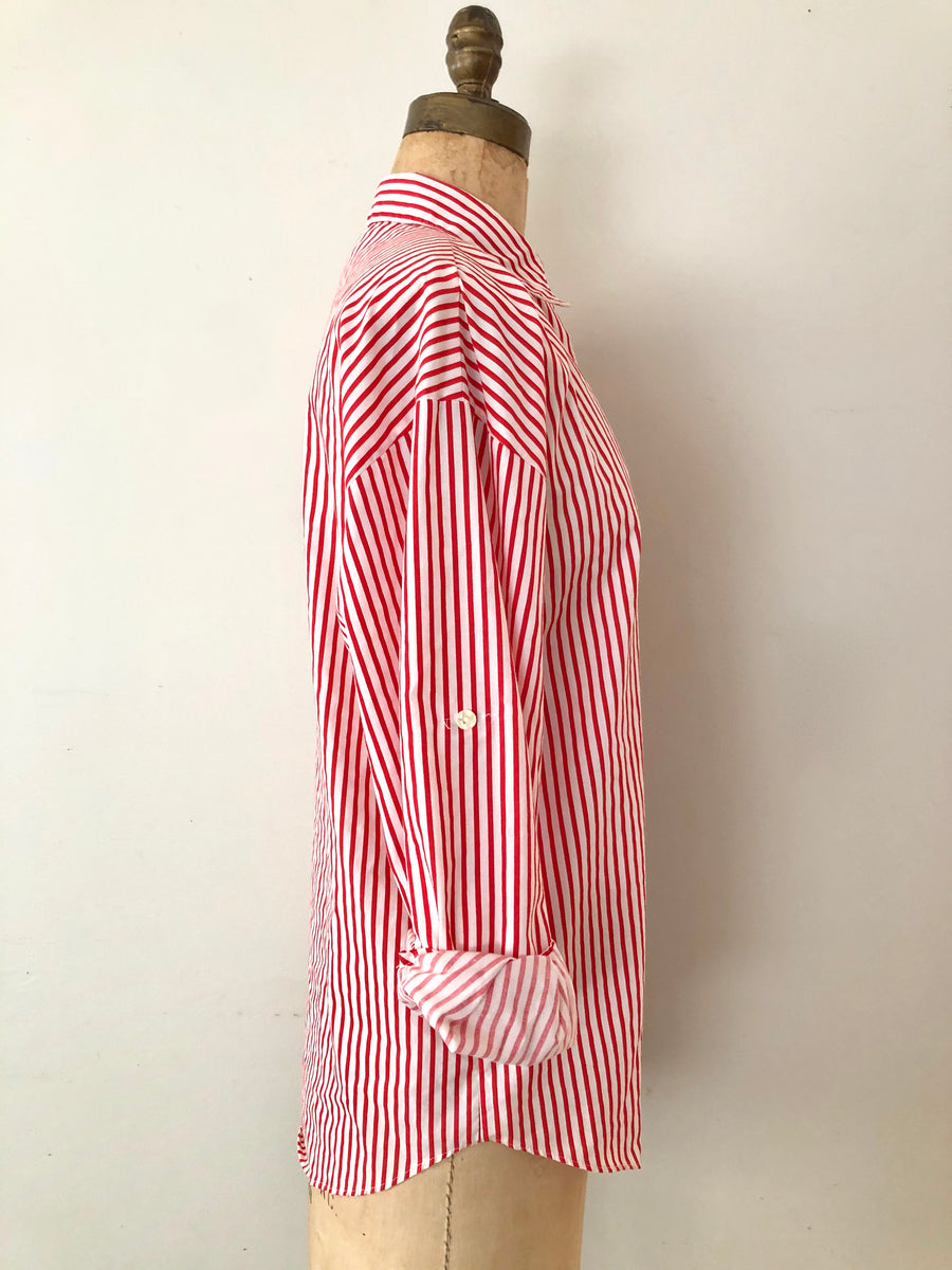 80's Red & White Striped Button Down - L/XL