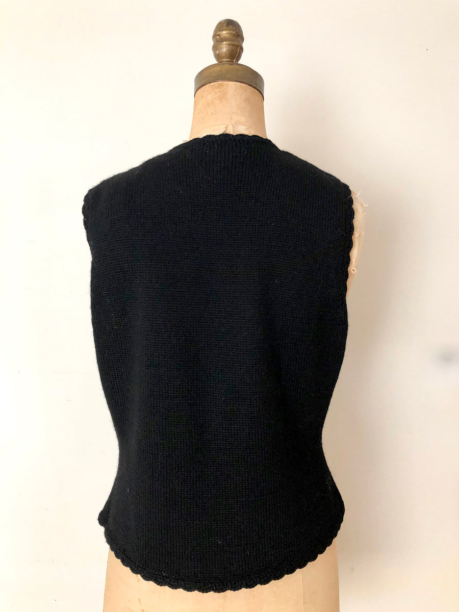 Vintage Black Embroidered Knit Vest - Size L