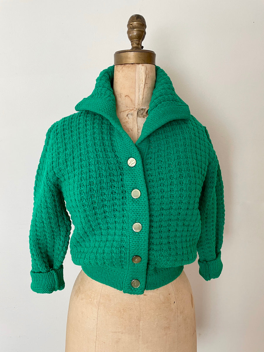 1960's Kelly Green Cropped Knit Cardigan - M