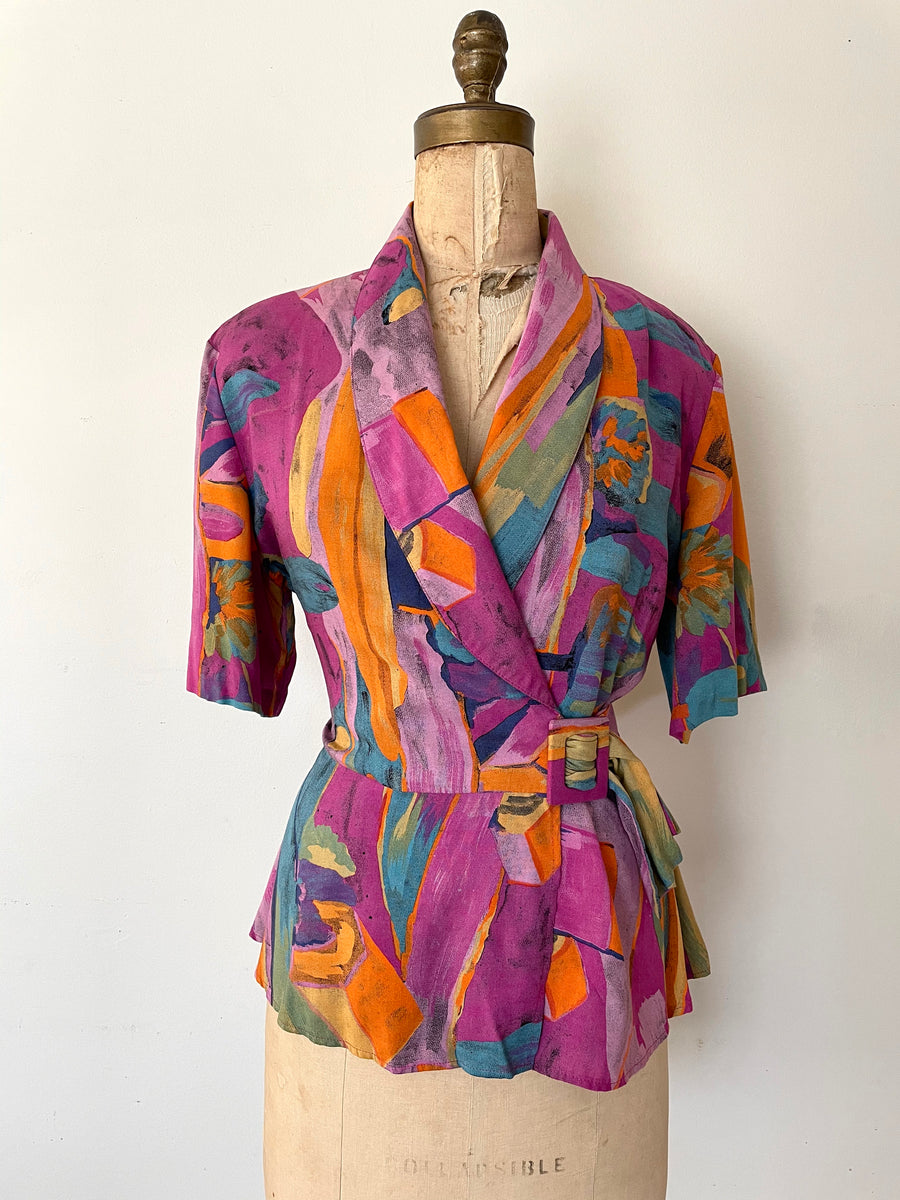 80's Abstract Peplum Blouse - Size M/L