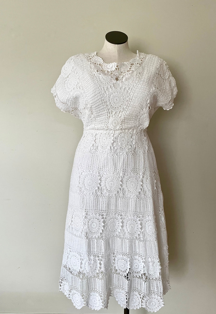 1970's White Crochet Dress - Size M/L
