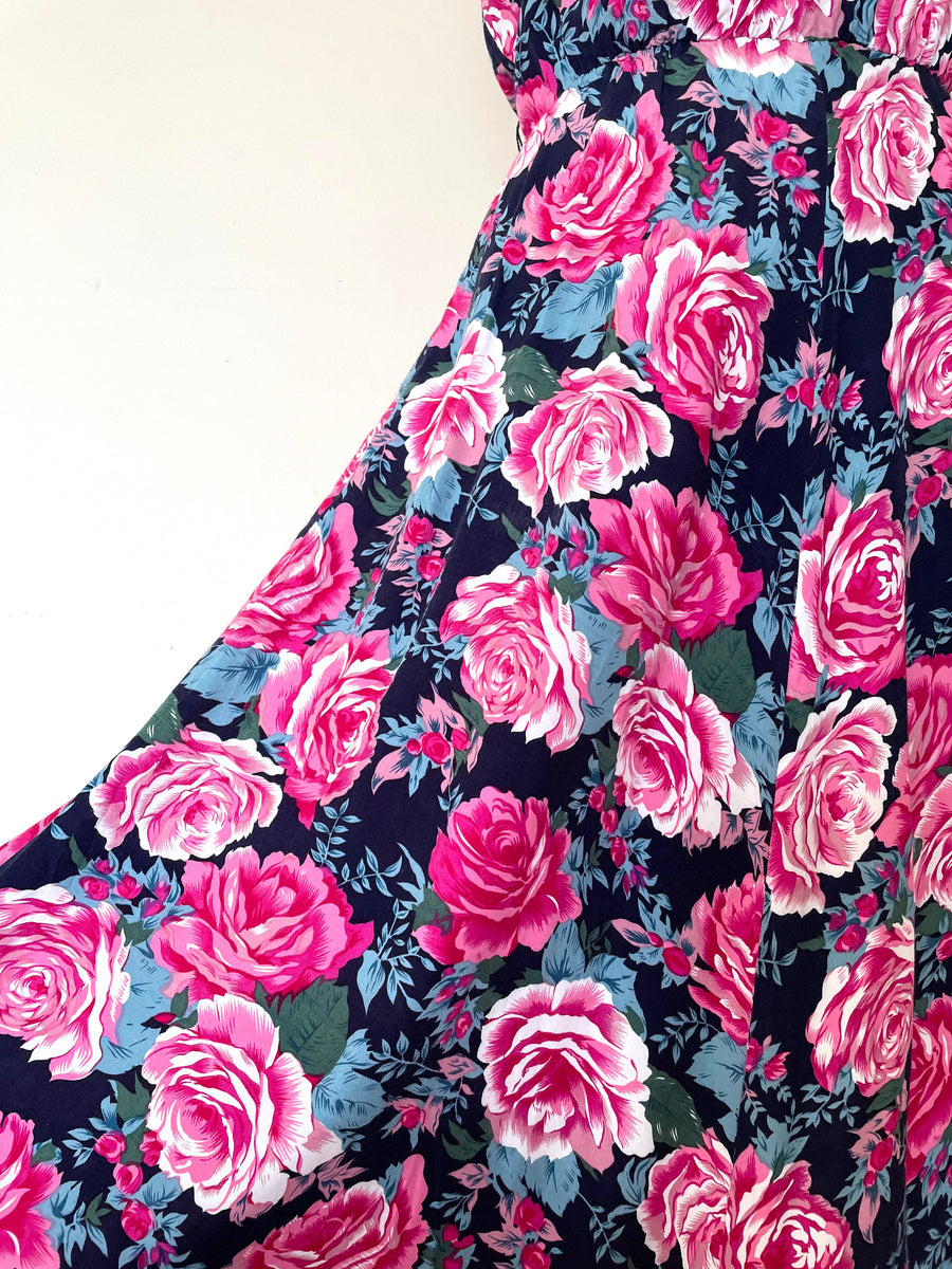 90's Rayon Rose Print Sundress - Size S/M