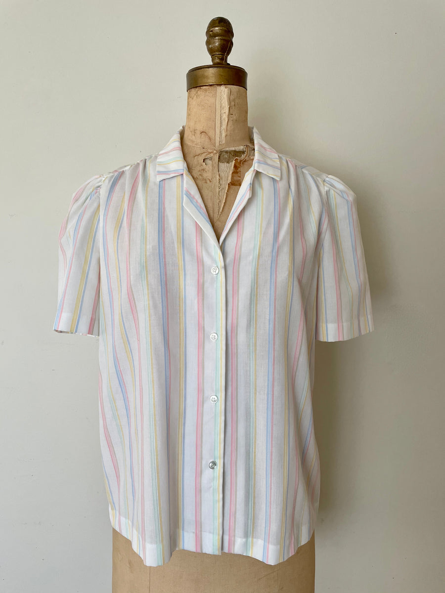 80's Pastel Striped Blouse - Size Large
