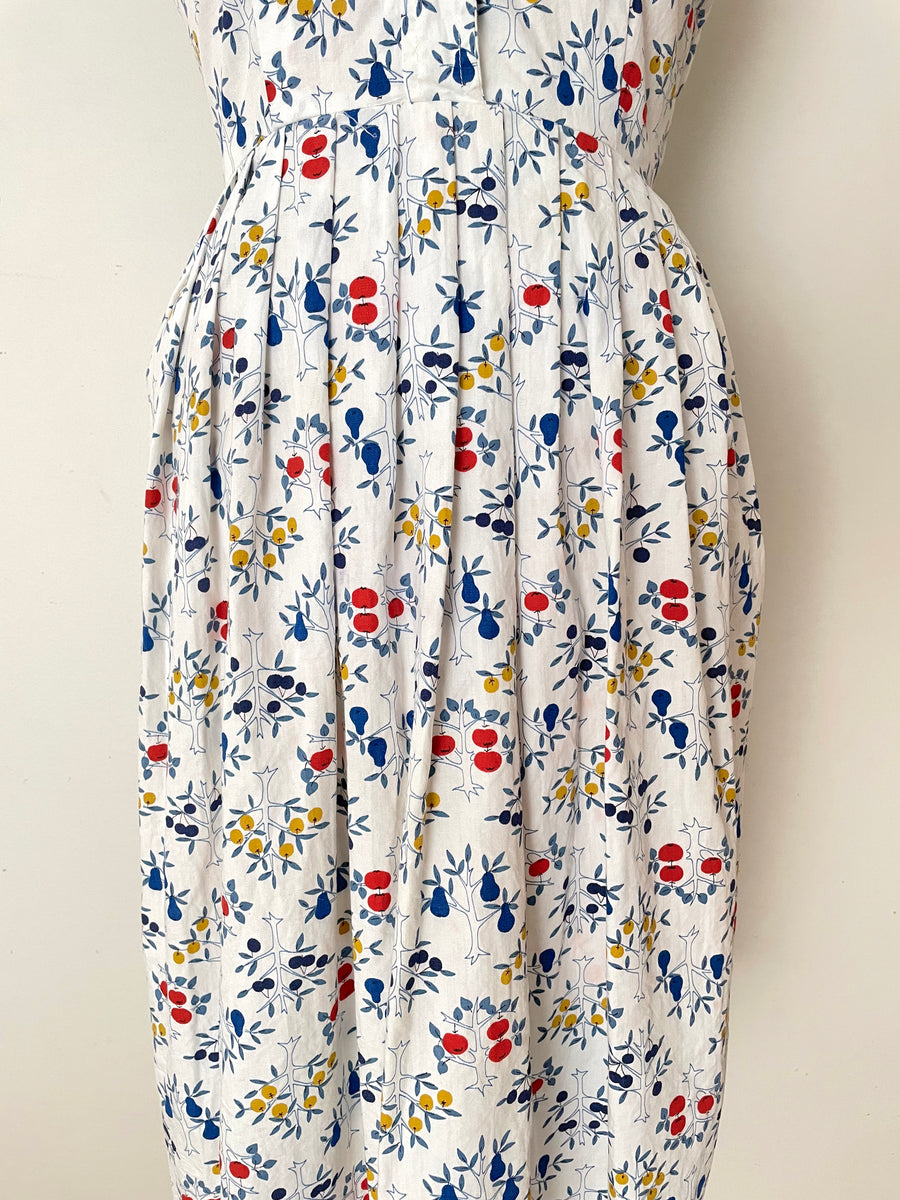 1950's Fruit Tree Print Cotton Dress - Size M - As Is