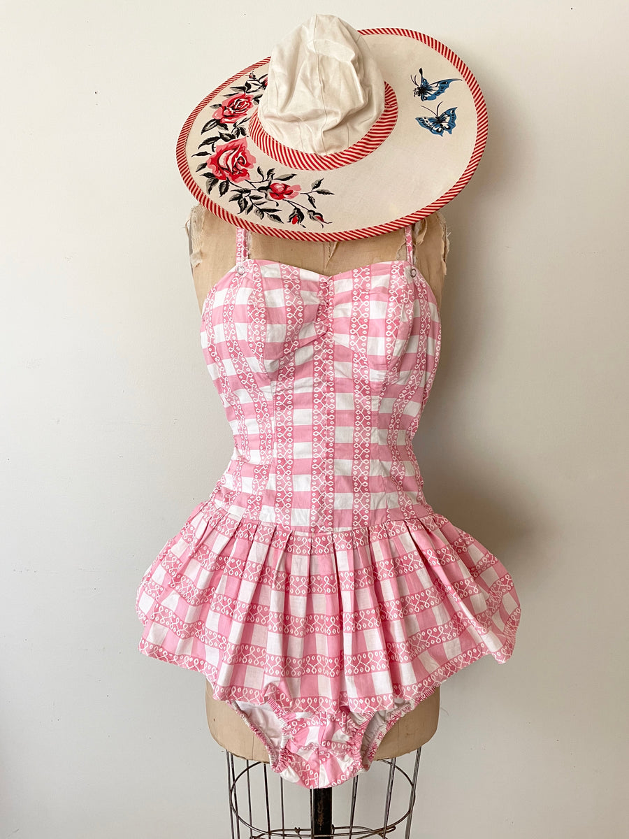 1950's Pink & White Checked Swimsuit - Size M/L