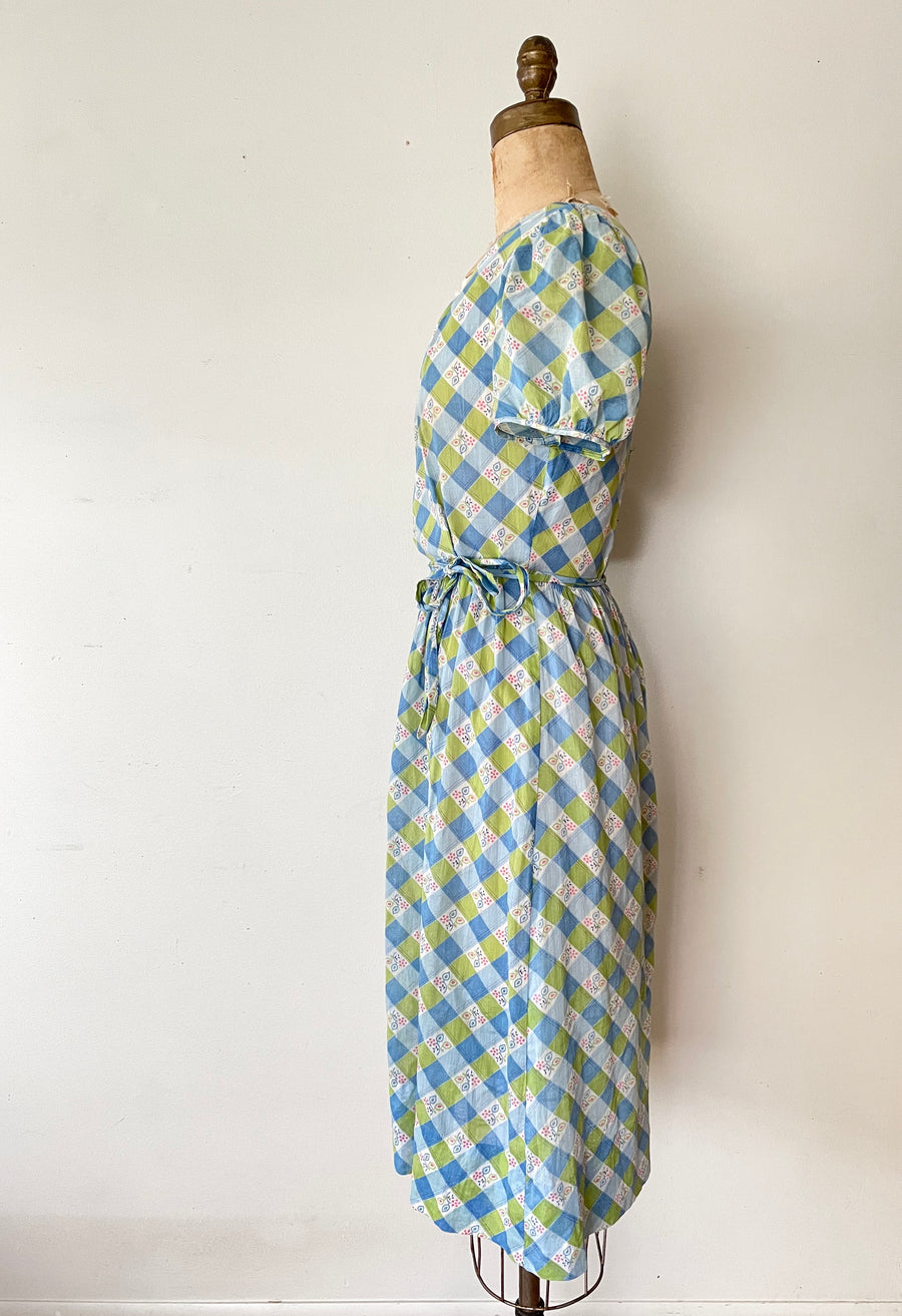 1930's Checked Cotton Day Dress - Size S/M