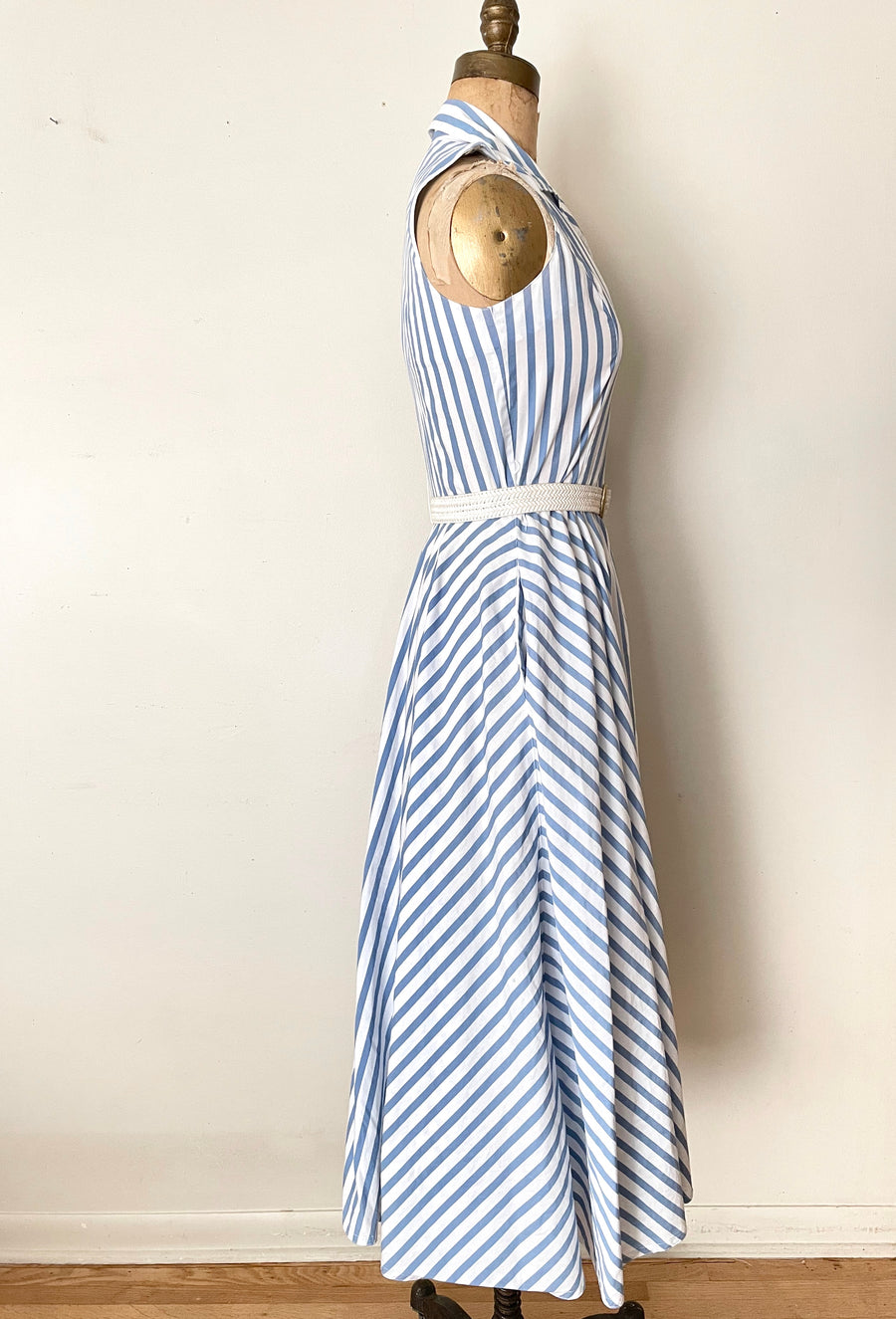 1980's Blue & White Striped Cotton Dress - Size Small