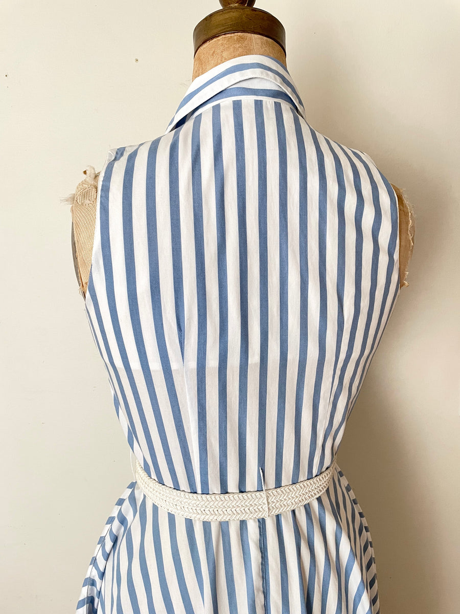 1980's Blue & White Striped Cotton Dress - Size Small