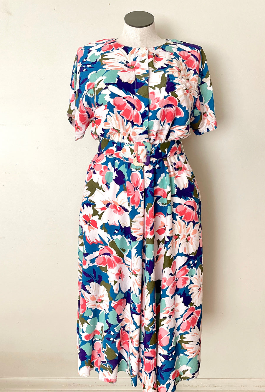 80's Floral Rayon Dress - Size L/XL