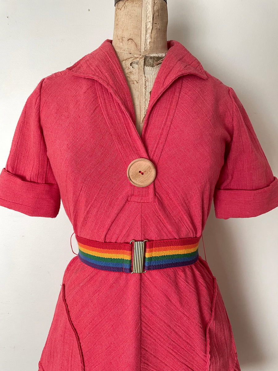 1970's Coral Dress with Rainbow Belt - Size S/M