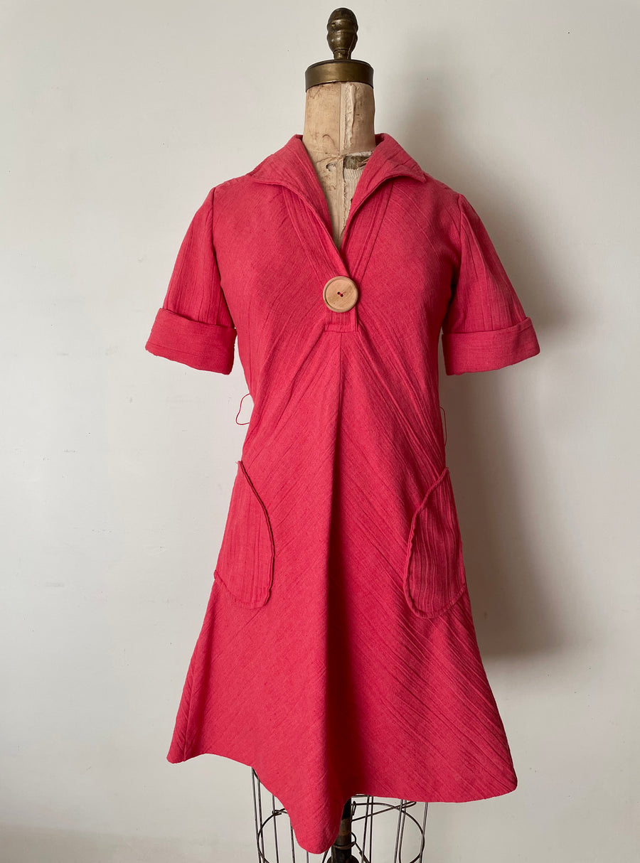1970's Coral Dress with Rainbow Belt - Size S/M
