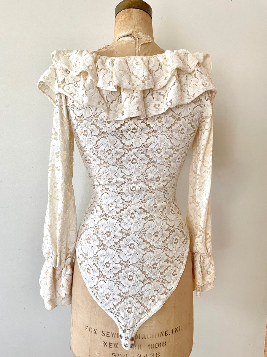 90's Cream Lace Ruffle Bodysuit- - Size S/M