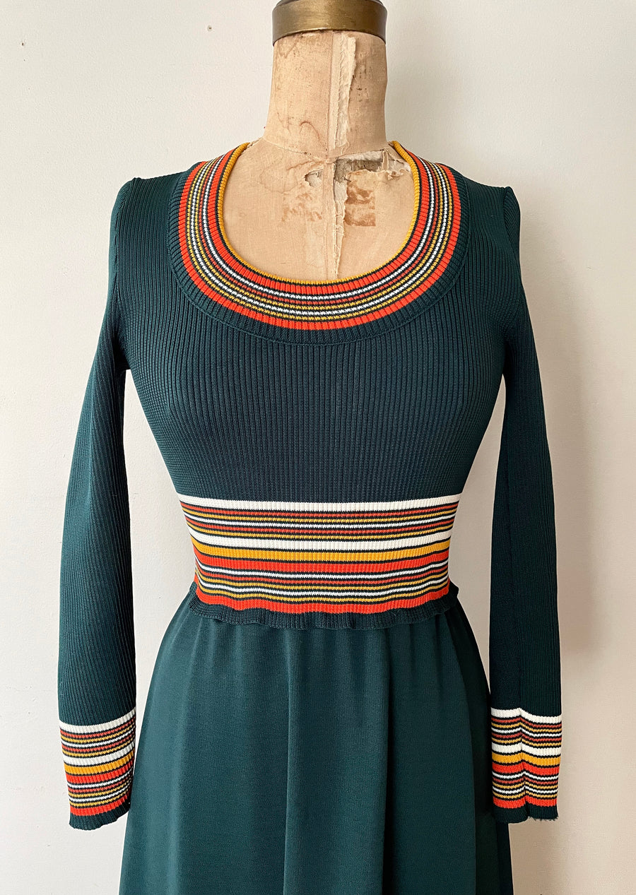 1970's Green & Striped Maxi Dress - Size S/M